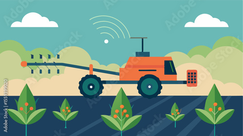 An autonomous herbicide sprayer equipped with a realtime monitoring system allowing farmers to track its progress and make any necessary adjustments.. Vector illustration