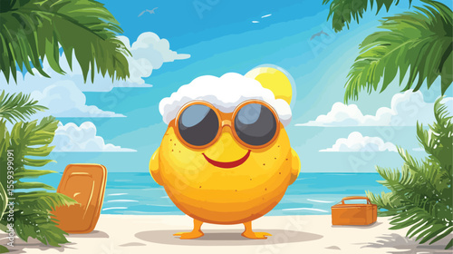 Cheerful Fried Egg Mascot Enjoying Vacation in Flat Vector Illustration