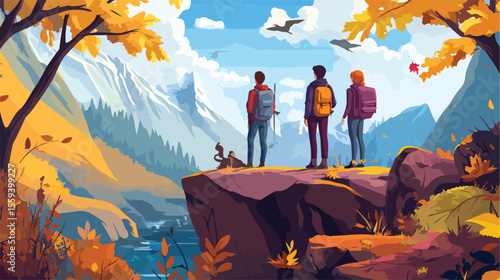 Friends Fall Adventure Flat Vector Illustration