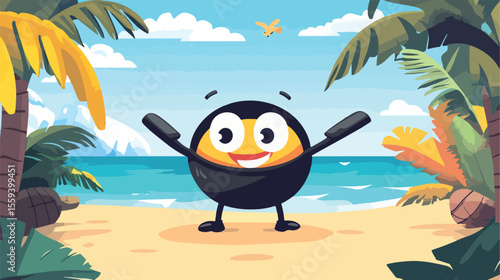 Cheerful Frying Pan Mascot Enjoying Vacation in Flat Vector Illustration