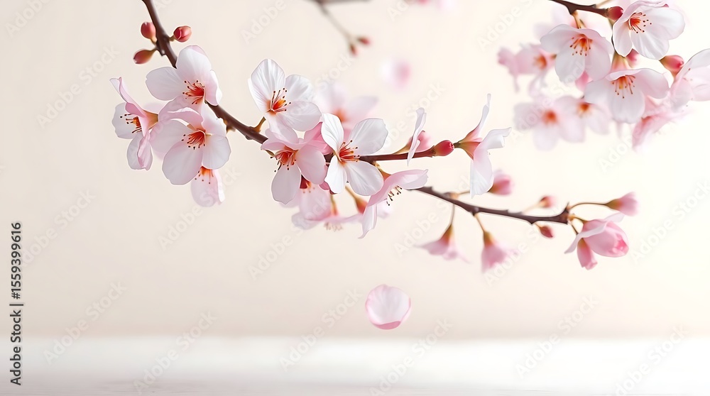 Fototapeta premium Delicate pink cherry blossoms on a branch with falling petals, isolated on a white background
