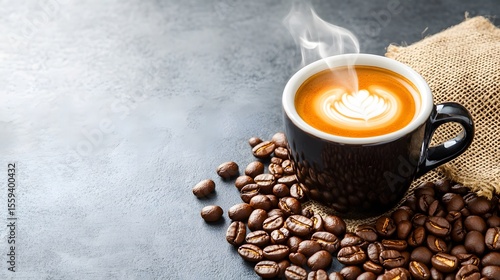 Steaming Latte Art Coffee Cup Beans Dark Background
