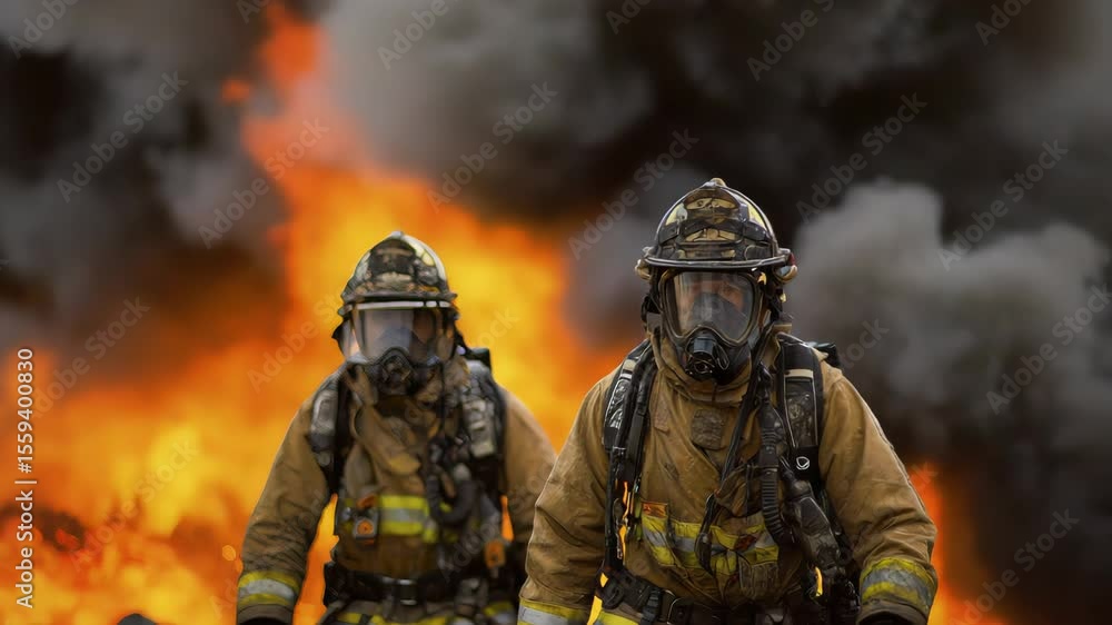 Firefighters in Protective Gear Advancing Towards Fire with Smoke and Flames in Background Firefighters in Protective Gear Advancing Towards Fire with Smoke and Flames in Background