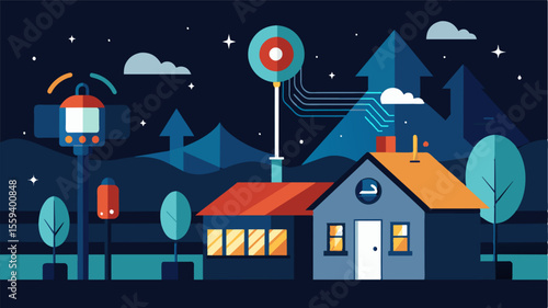 A smart lighting system that can be programmed to turn on in response to any detected movement deterring potential threats at night.. Vector illustration