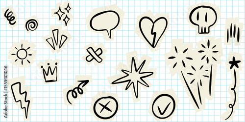 set of hand drawn doodle style stickers on a blue grid paper background. Includes symbols lightning bolts, stars, fireworks, speech bubbles, broken heart, crown, skull, check mark, and sunburst.