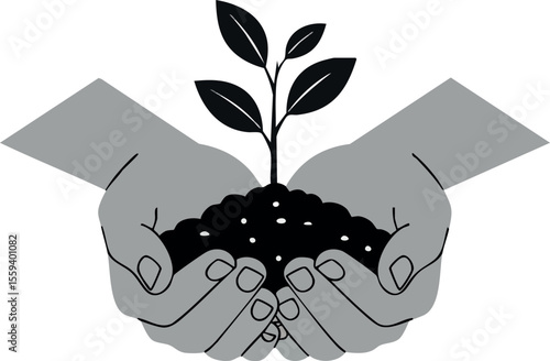 Hands holding young plant sprout with soil growth and nurturing care vector illustration 