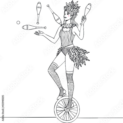 Female juggler balancing on unicycle with clubs in costume vector illustration 