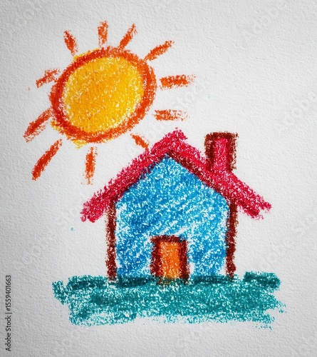 Child's Crayon Drawing Blue House Yellow Sun White Background