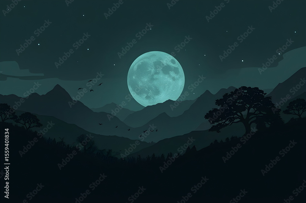 Fototapeta premium Serene Night Landscape with Full Moon and Mountains Silhouette