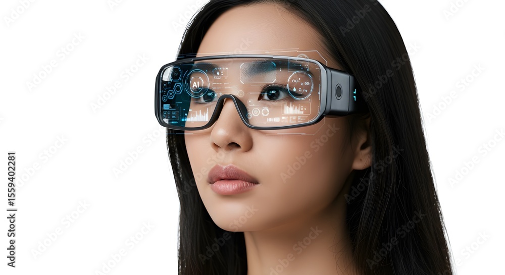 Young woman wearing futuristic augmented reality smart glasses with digital interface