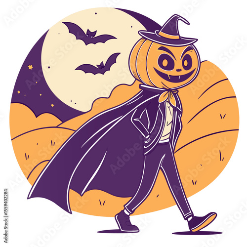 Halloween Vector of a walking pumpkin head man Halloween costume character vector, autumn festival illustration, autumn season vector art, spooky autumn character illustration, festival vector 