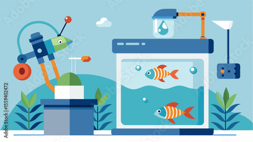 An illustration of a selfcleaning fish tank equipped with IoT sensors and a robotic arm that automatically removes waste and debris.. Vector illustration