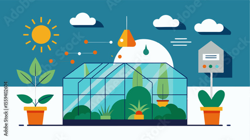 An advanced weather monitoring system predicts and adjusts for changes in outside conditions ensuring a consistent microclimate inside the greenhouse.. Vector illustration