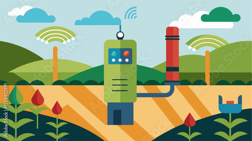 A smart irrigation pump equipped with sensors that measure the soils nutrient levels. The pump can then distribute water enriched with nutrients promoting healthy plant growth.. Vector illustration