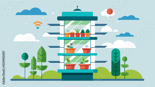 An illustration of a multilevel vertical greenhouse fully integrated with IoT technology allowing for efficient space utilization and improved crop rotation techniques.. Vector illustration