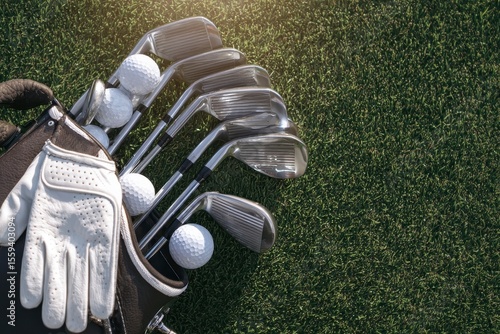 Golf Clubs Balls and Glove on Green Turf
