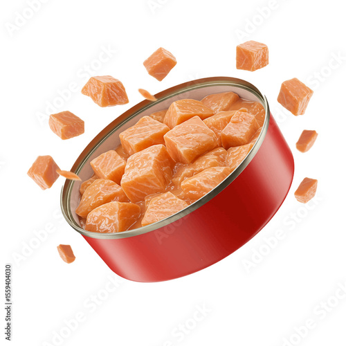 red can of salmon chunks flying food delicious isolated on white background