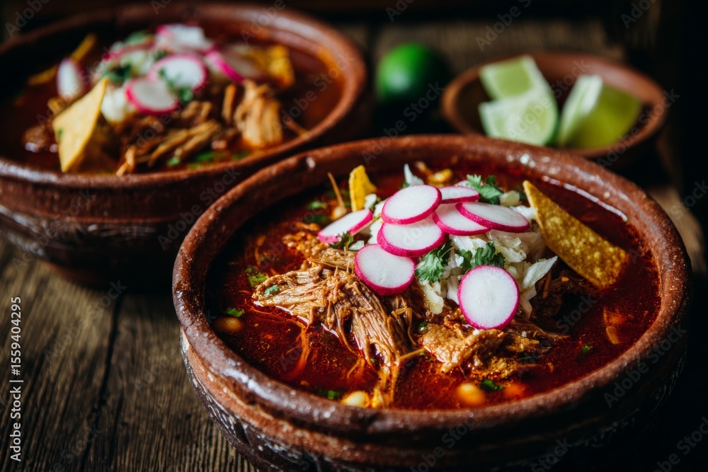 Authentic mexican pozole with radishes and tortilla chips garnished in traditional clay bowl Authentic mexican pozole with radishes and tortilla chips garnished in traditional clay bowl