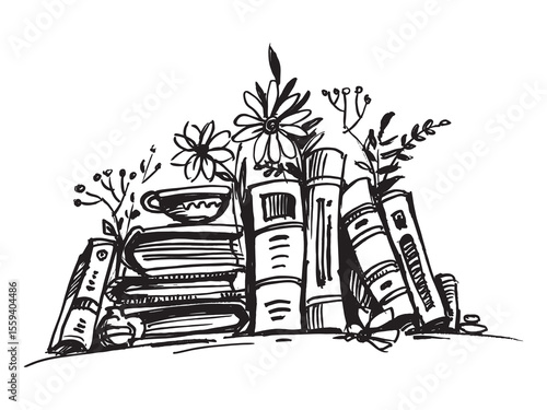 Books and coffee on the shelf. Book lover