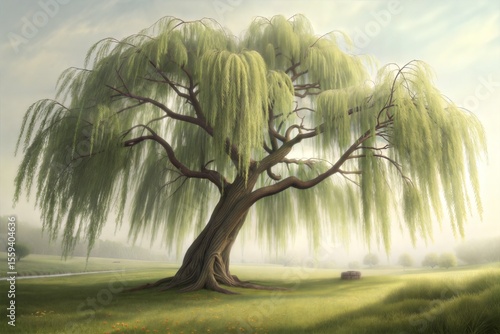 Majestic weeping willow tree stands on green grass in sunlit field. Symbol of sorrow, mourning, grieving and memory loss.