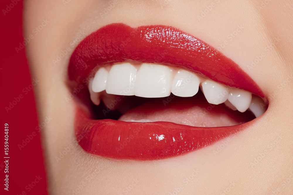 Fototapeta premium Red lips and white teeth closeup