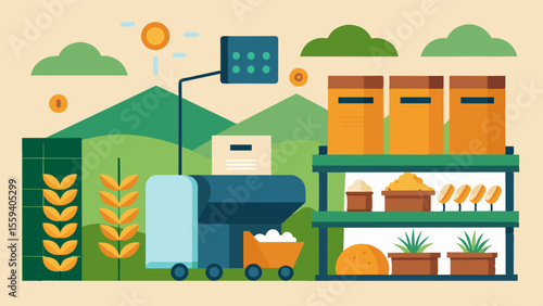 A storage facility for grains and legumes utilizes AI technology to sort and grade different varieties allowing for efficient shipping and distribution.. Vector illustration