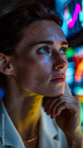 Wallpaper Mural Woman contemplates colorful data display, hand on chin, bathed in vibrant light. Focus on analytics and future possibilities. Torontodigital.ca