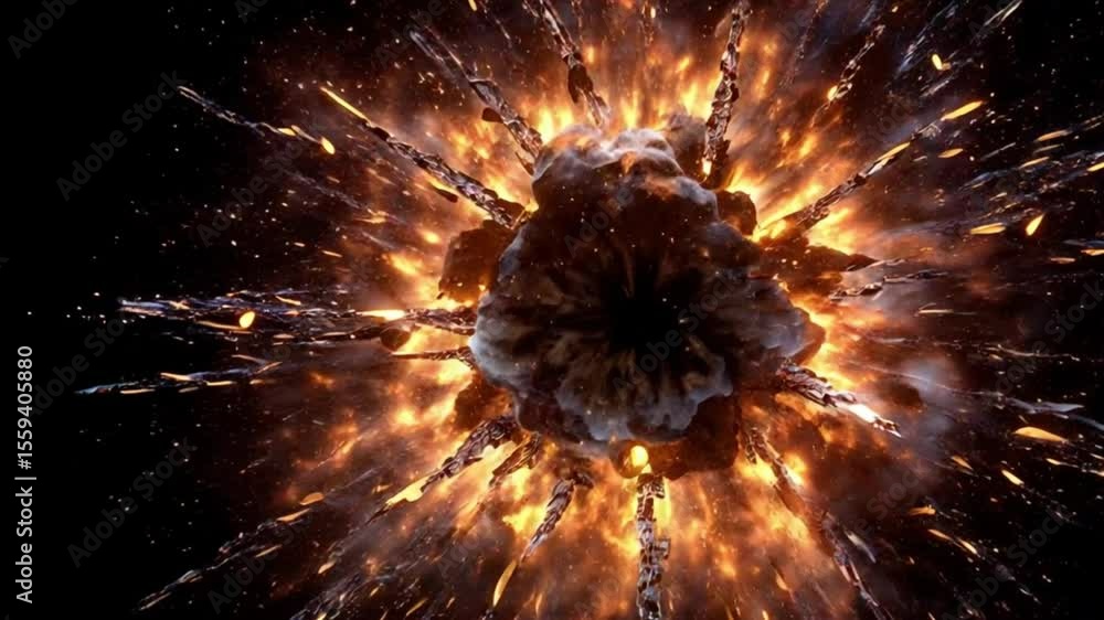 Explosion with fire and debris creating shockwave against black background  