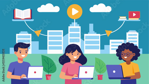 The local schoolroom was transformed as students eagerly typed away on donated laptops connecting to a virtual classroom with their city counterparts.. Vector illustration