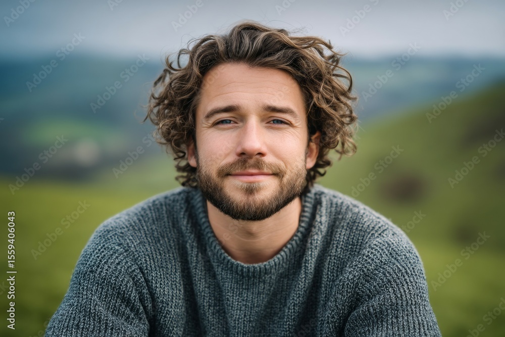 Smiling young caucasian male in sweater outdoors with curly hair and beard Smiling young caucasian male in sweater outdoors with curly hair and beard