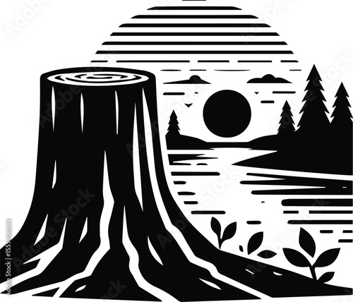 Tree Stump Vector Illustration, Wood Log Silhouette Isolated Icon.