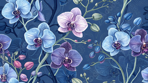 Vector Illustration Seamless Pattern Orchid Flower Blue Background.
