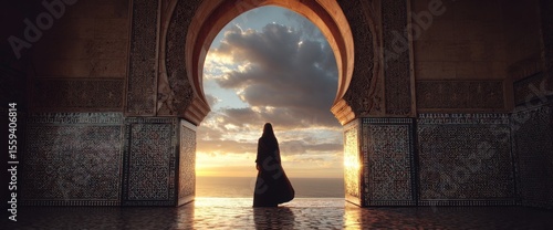 Arabian woman stands under archway watching sunset above the ocean, decorative mosaic