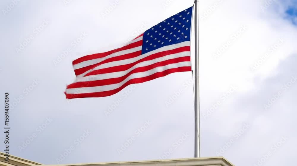 American Flag Waving Proudly atop a Neoclassical Building on a Partly Cloudy Day American Flag Waving Proudly atop a Neoclassical Building on a Partly Cloudy Day