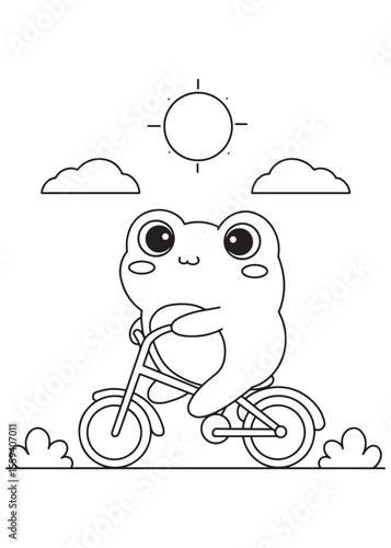Coloring book frog riding a bicycle happily.

