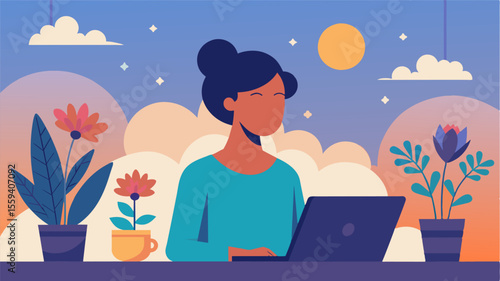 As the sun begins to set a freelancer closes their eyes and breathes in the scent of blooming flowers feeling completely at peace in their tranquil workspace.. Vector illustration