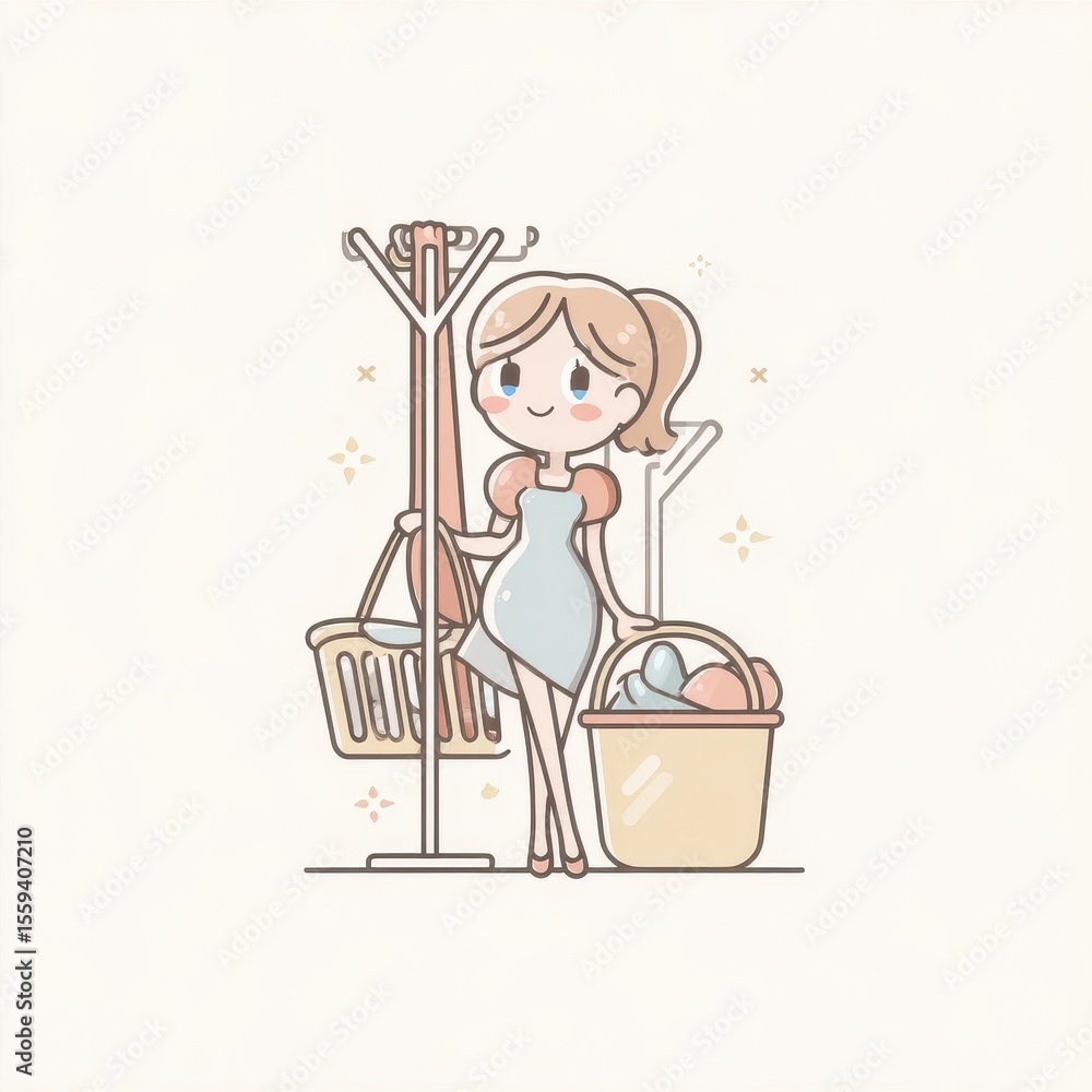 Obraz premium Young Woman with Laundry Baskets in Pastel Pixel Art Illustration