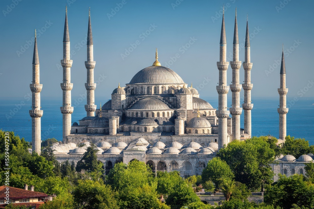 Fototapeta premium Blue Mosque, Istanbul, Turkey, Minarets & Domes against Blue Sky Landmark View