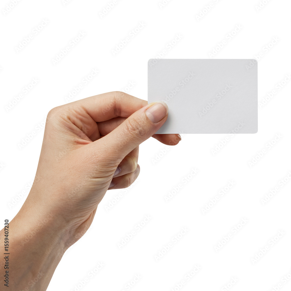 Fototapeta premium Hand holding virtual business card, credit card or blank paper isolated on transparent white background