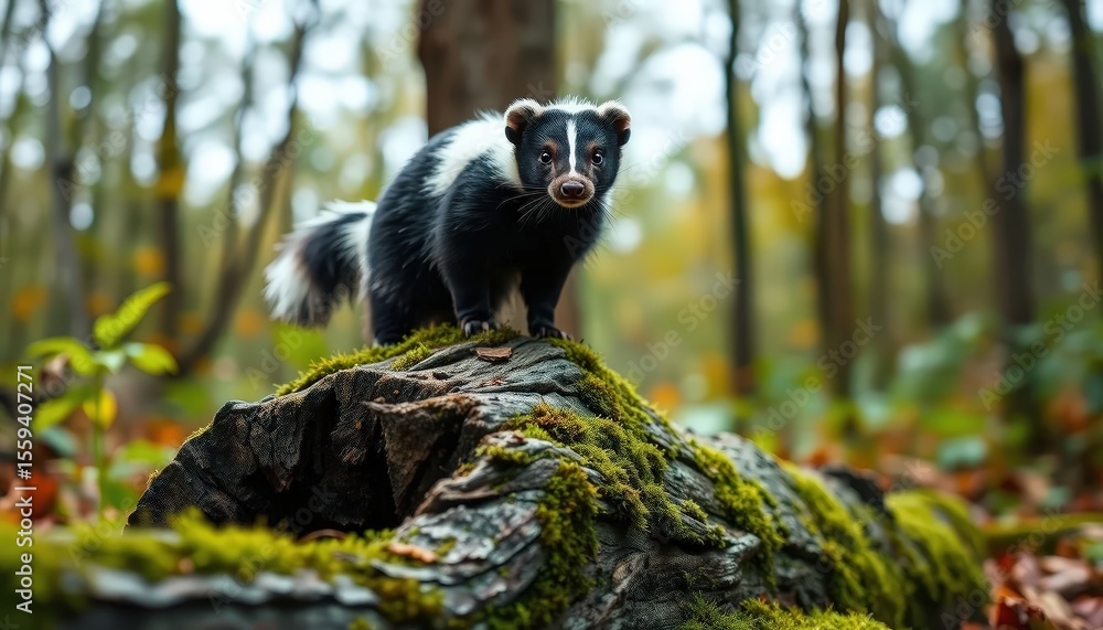 Fototapeta premium A skunk standing on a fallen log in a forest