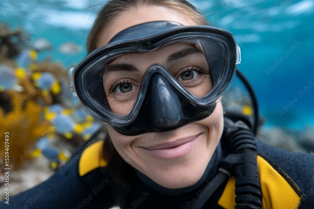 Smiling young caucasian female diver exploring vibrant coral reef underwater Smiling young caucasian female diver exploring vibrant coral reef underwater
