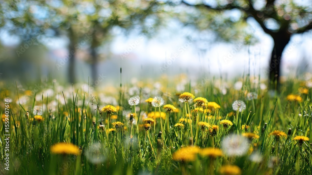 Fototapeta premium Dandelion Meadow With Green Grass And Tree On Sunny Sky Outdoor Environment