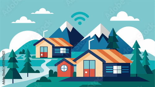 The cabins highspeed internet and modern technology allow for seamless communication and productivity from this secluded location.. Vector illustration