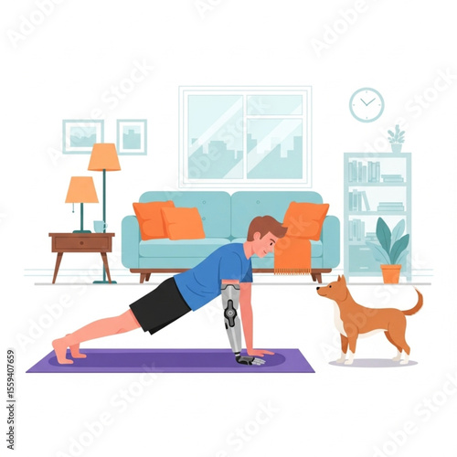 Man and dog exercising together on yoga mat in cozy living room, flat vector art


