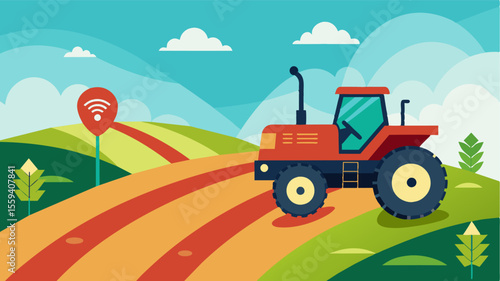 A selfdriving tractor plowing a field with advanced sensors and GPS technology adjusting its path to avoid obstacles and optimize efficiency.. Vector illustration