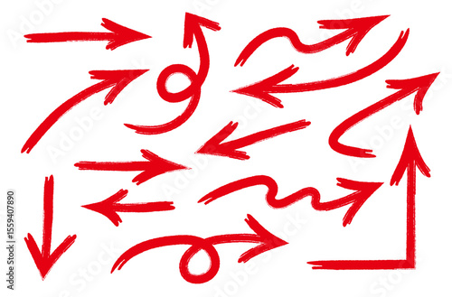 手描きの矢印のセット。グランジ、落書き、筆風の矢印。ベクターアイコン。色んな種類のカーソル。