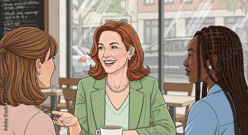  Deaf Woman Smiling at Café – Inclusive Conversation Illustration with Hearing Aid