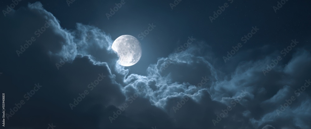 Fototapeta premium Full Moon Glowing Surrounded by Clouds in Dark Night Starry Sky View Scenery