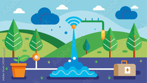 An irrigation system equipped with IoT sensors is shown adjusting its water output in realtime based on soil moisture levels and nutrient data reducing waste and ensuring efficient. Vector