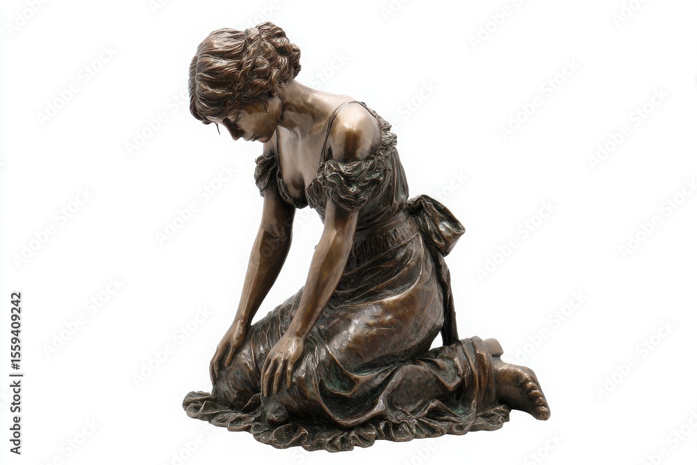 Elegant bronze statue of a kneeling woman in a flowing dress. Captures a moment of reflection and grace, perfect for interior design, art collections, or thematic photography. Elegant bronze statue of a kneeling woman in a flowing dress. Captures a moment of reflection and grace, perfect for interior design, art collections, or thematic photography.